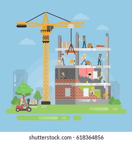 Constructing new building. People work on housing development with crane.