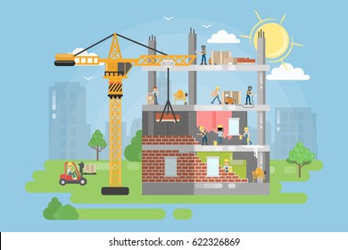 Constructing new building. People work on housing development with crane.