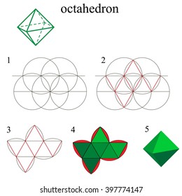 Constructing an Octahedron using Compass and Straightedge.  A polyhedron with eight faces. Octahedron convex regular polyhedron. Platonic body of eight equilateral triangles. Vector illustration.