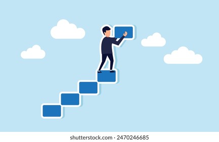 Constructing success stairs self development, career growth, and job advancement, concept of Businessman constructs stairs for ascending business growth