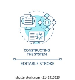 Bauen des Systems Türkis Konzept Symbol. Die Entwicklung des Datensystems abstrakte Idee dünne Linie Illustration. Einzeln Umrisszeichnung. Bearbeitbarer Strich. Arial, Myriad Pro Fett Schriftarten verwendet