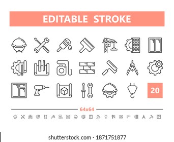 Construction 20 line icons. Vector illustration in line style. Editable Stroke, 64x64, 256x256, Pixel Perfect.
