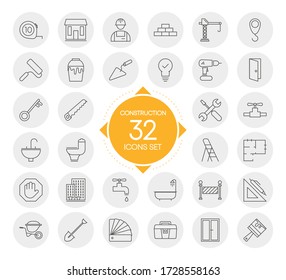 CONSTRUCTION 32 icons set with circles design isolated on white background. Vector illustration.