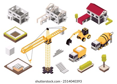 Construction 3d isometric mega set in isometry graphic design. Collection elements of buildings, suburb house, foundation, crane, bricks, excavator, concrete mixer, truck, other. Vector illustration.