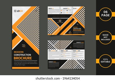 Construction 6 page trifold brochure design template with yellow and black color geometric shapes.