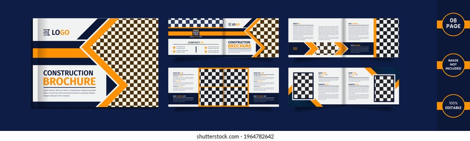 Diseño de un folleto de 8 páginas con formas geométricas de color amarillo y azul.