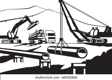 Construction of above ground pipeline - vector illustration