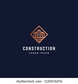Construction Abstract Vector Sign, Symbol or Logo Template. Skyscraper Buildings in a Square Frame with Modern Typography. Real Estate Retro Emblem. Isolated.