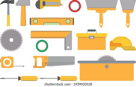 Construction accessories. Things for construction and renovation. Set of instruments.