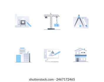 Construction according to drawings and on the ground - flat design style icons set. High quality colorful images of blueprint, crane, urban development, land surveying, compasses. Building idea