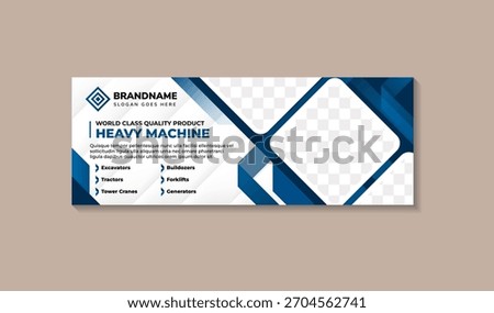 Construction ad template design. universal social media post banner for heavy machine, world class quality product. diagonal square for place of photo. blue gradient and shadow element