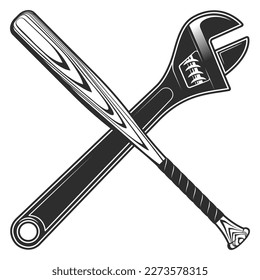 Construction adjustable wrench with baseball bat club emblem design elements template in vintage monochrome style isolated vector illustration