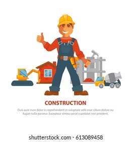 Cartel publicitario de construcción con hombres uniformados y equipo de construcción