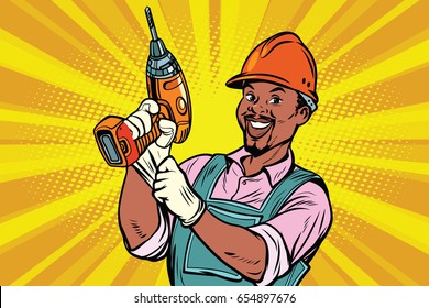 Construction African American worker with the drill