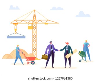 Construction Agreement Handshake Vector Illustration. Business Manager and Engineer have Building Partnership Contract, Crane Worker Background. Businessman Character Residential Project Deal Poster