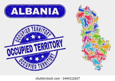 Construction Albania map and blue Occupied Territory scratched seal. Bright vector Albania map mosaic of service units. Blue round Occupied Territory seal.