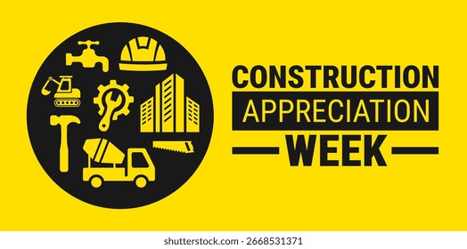 La Plantilla de la semana de apreciación de la construcción, el Anuncio, la tarjeta o el diseño de carteles se observa todos los años durante septiembre, para crear conciencia sobre la misión. Ilustración vectorial.