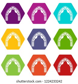 Construction arch icons 9 set coloful isolated on white for web