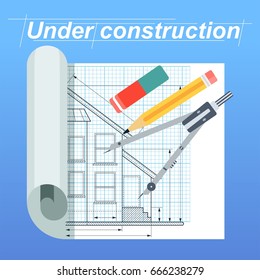Construction, architect and engineering drawing for civil industrial draft. Drawing and sketching on draft paper, design for Buildings, machinery and mechanisms. Flat vector cartoon illustration.