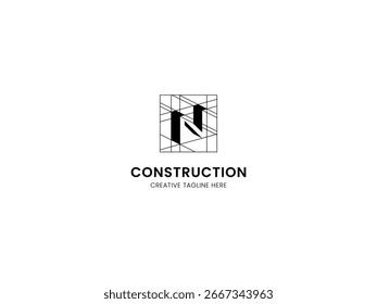 Logotipo de construcción o arquitecto con letra N y boceto de línea