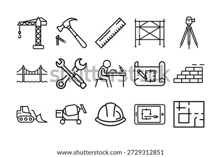 Construction and Architectural Engineering Line Icon Set - Building Tools, Industrial Equipment, Blueprint, and Civil Work Symbols