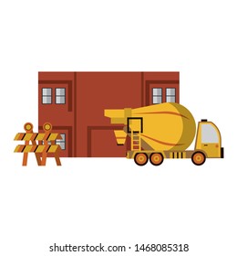 construction architectural engineering work, heavy concrete mixer truck in front house under construction cartoon vector illustration graphic design