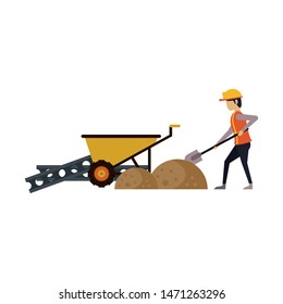 construction architectural engineering, worker making heavy work with protection safety equipment in under construction site cartoon vector illustration graphic design