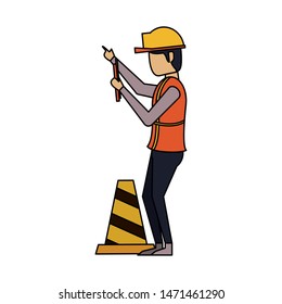 construction architectural engineering, worker making heavy work with protection safety equipment in under construction site cartoon vector illustration graphic design