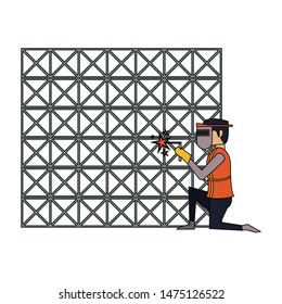construction architectural engineering, worker making heavy welding work with protection safety equipment in under construction site cartoon vector illustration graphic design