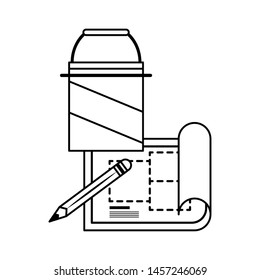 construction architectural project blueprint plan with engineer tools cartoon vector illustration graphic design