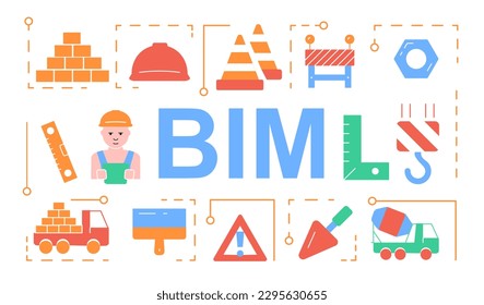 Construction and architecture. BIM and engineering. Worker and builder in uniform and hard hat, brick, construction level, shovel and truck, crane and concrete mixer. Cartoon flat vector illustration