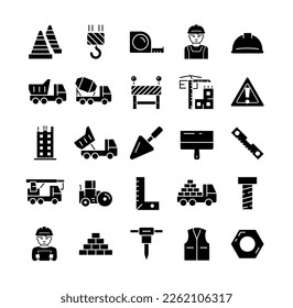 Bau und Architektur schwarze Symbole gesetzt. Betonmischer, Lastwagen, Traktor und Hochbau. Mitarbeiter und Ingenieur im Helm. Cartoon-FlachVektorgrafiken einzeln auf weißem Hintergrund