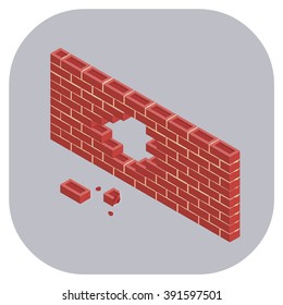 Construction Architecture Building Concept.
Isometric Vector Illustration Icon Of Broken Red Brick Walls Physical Security Breach Or Cyber Hacking Concept.