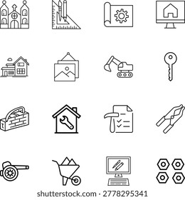 Construction architecture building engineering real estate tools icons, house, church, excavator, blueprint, wrench, hammer, toolbox, key