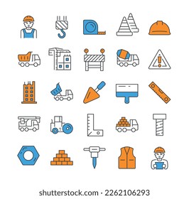 Construction and architecture color icons set. Collection of graphic elements for website. Engineer and worker, industrial tools. Cartoon flat vector illustrations isolated on white background