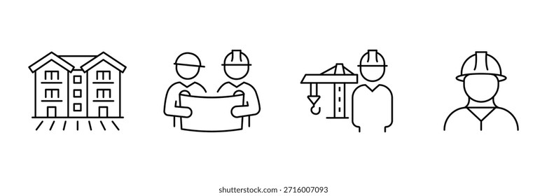 Bauarchitektur-Ikonensatz, Wohnungsbau, Ingenieure diskutieren Bauplan, Kranführer Überwachung, Schutzhelm Arbeiter Skizze Illustration.