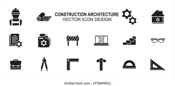 Construction architecture related vector icon user interface graphic design. Contains such icons as worker, labor, blueprint, gear, setting symbol, construction file, laptop, bag, ruler, triangle