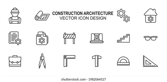 Construction architecture related vector icon user interface graphic design. Contains such icons as worker, labor, blueprint, gear, setting symbol, construction file, laptop, bag, ruler, triangle