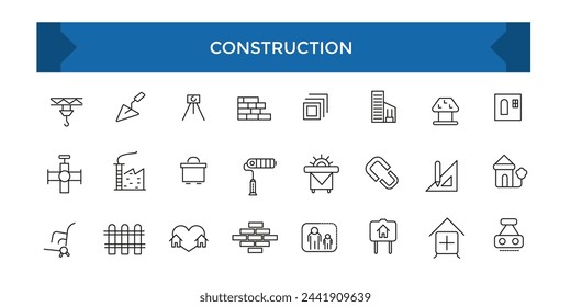 Construction and architecturethin line icon set. Outline symbol collection. Set of line icons related to labor, construction, labour day, renovation.