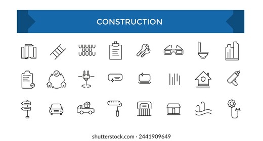 Construction and architecturethin line icon set. Outline symbol collection. Set of line icons related to labor, construction, labour day, renovation.