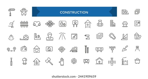 Construction and architecturethin line icon set. Outline symbol collection. Set of line icons related to labor, construction, labour day, renovation.