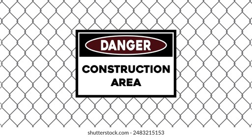 Construction area attention sign on background of Rabitz texture, Chain-link mesh fence 