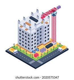 Vector de área de construcción con construcción y maquinaria de estilo isométrico