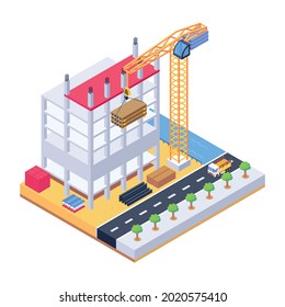 Construction area vector with building and machinery in isometric style