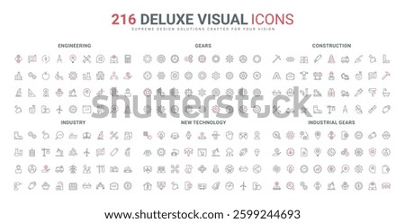 Construction, automation and sustainable energy development, gearwheel types line icon set. Gears of equipment, engineering, technical project thin black and red outline symbols vector illustration