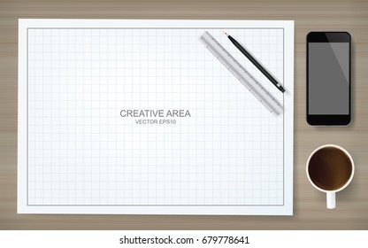 Construction background of blueprint paper and grid lines with pencil, ruler, smartphone and coffee cup on wood texture. Vector illustration.