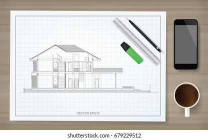 Construction background of blueprint paper with image of house wireframe. With stationery set, smartphone and coffee cup on wood background. Vector illustration.