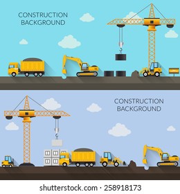 Construction background with cranes tractor trucks and industrial machinery vector illustration