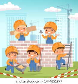 Construction background. Little kids making some work at construction build house vector cartoon background. Build construction kids, work engineering illustration