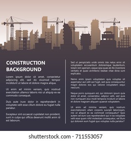 Construction background template. Urban landscape with buildings and sunrise in gray, city high skyscrapers. Vector flat style illustration with copy space for text